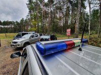 Zdjęcie przedstawia 2 pojazdy Straży Leśnej , 1 radiowóz policyjny oraz kontrolowany przez funkcjonariuszy pojazd na drodze leśnej.