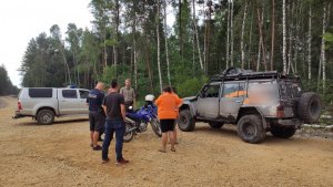 Umundurowani policjanci i strażnicy leśni podczas wspólnych działań na terenach leśnych.